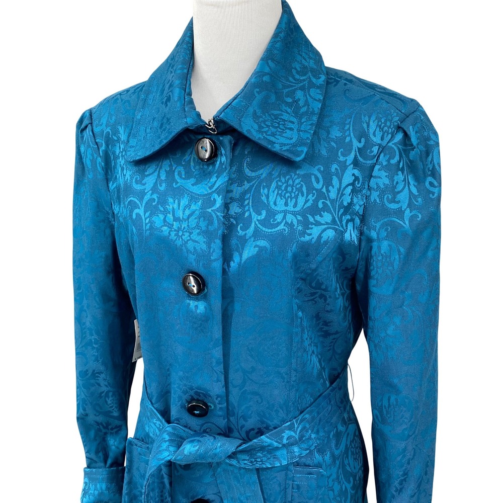 Y2K Georgiou Studio Damask Jacquard Trench Coat Indian Peacock Blue Size 12 Teal